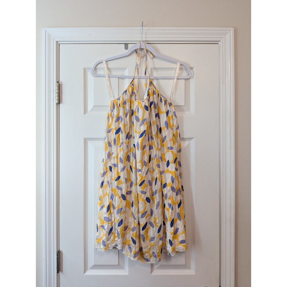 Helen Wang Silk Halter Mini Dress Size 8 Yellow Blue Flowy Boho Luxury Designer